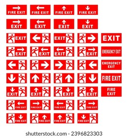 Emergency exit sign set. Man running out fire exit. Running man and exit door sign. Escape help evacuation. Safety vector symbol. Fire action signs. Way signs for evacuation during a fire.
