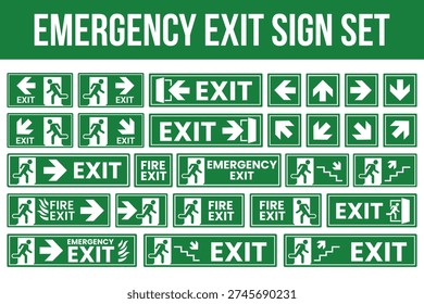 Conjunto de señal de salida de emergencia. Hombre corriendo fuera de la salida de incendios. Hombre corredor y señal de la puerta de salida. Ayuda de escape y evacuación. Símbolo de Vector de seguridad.