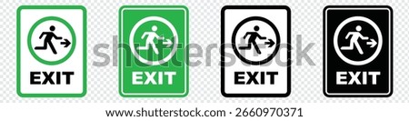 Emergency exit sign set. Man running out fire exit. Running man and exit door sign. Escape help evacuation. Safety vector symbol.