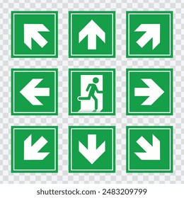 "Emergency exit sign set. Running man and exit door icons for safety and evacuation visuals."