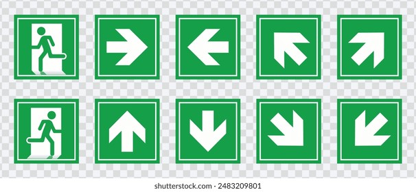 "Emergency exit sign set. Running man and exit door icons for safety and evacuation visuals."