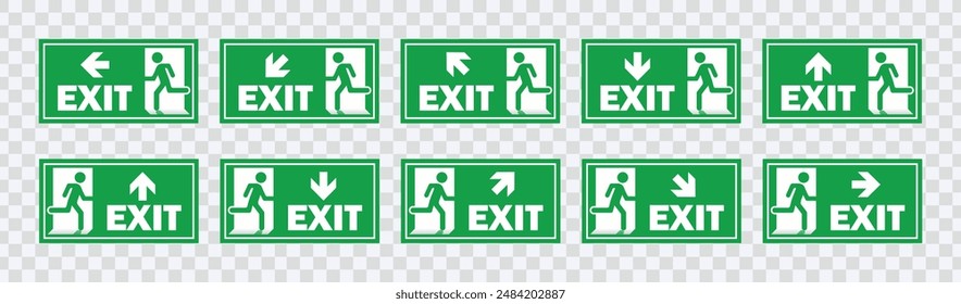 "Emergency exit sign set. Running man and exit door icons for safety and evacuation visuals."
