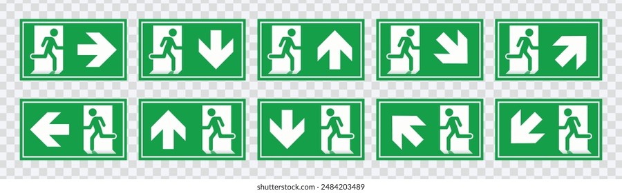 "Emergency exit sign set. Running man and exit door icons for safety and evacuation visuals."