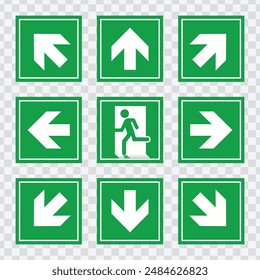 "Emergency exit sign set. Running man and exit door icons for safety and evacuation visuals."