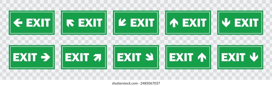 "Emergency exit sign set. Running man and exit door icons for safety and evacuation visuals."