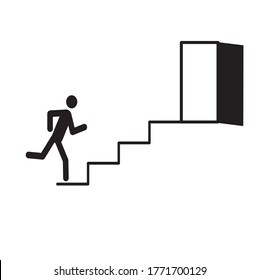 emergency exit sign, stick man running up stairs to open door isolated on white background, security