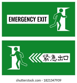Emergency exit sign, symbol, icon, logo, arrow. Man open door on green background. Hand drawn China Hieroglyph translate Emergency exit. Vector illustration
