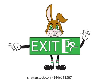 Emergency exit signboard vector with rabbit cartoon. Exit signboard  icon, exit signboard symbol. Can use for infographic, banner, poster, web design. Isolated on white background. 