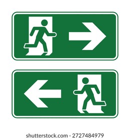 Emergency exit signs with arrows and human figures indicating directions green and white icon