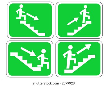 Emergency exit signs with figure and stairs