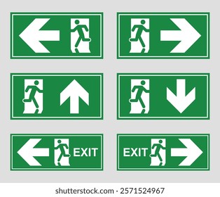 Emergency exit signs. Man running out fire exit. Running man and exit door sign. Escape help evacuation. Safety vector symbol vector illustration.