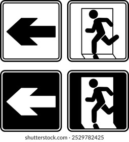 Emergency Exit Signs Pointing Left. Black and white vector icons. Warning sign. Man running to the door. Emergency evacuation symbol