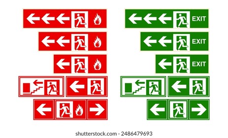 Emergency Exit Signs with Running Man, Fire, and Directional Arrows. Red and Green Emergency and Fire Safety Vector Illustrations