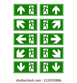 Emergency exit signs set. Man running out fire exit. Exit signs set.