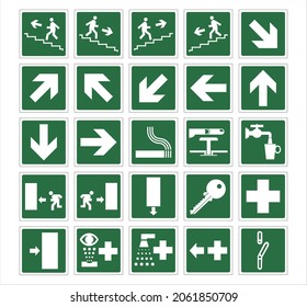 Emergency exit symbol or sign and arrow on a green background