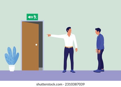 Emergency exit training office person and showing emergency exit door to new employee and new guests for fire safety and disaster. Fired sad person leaves office. Taking out and fire office employee