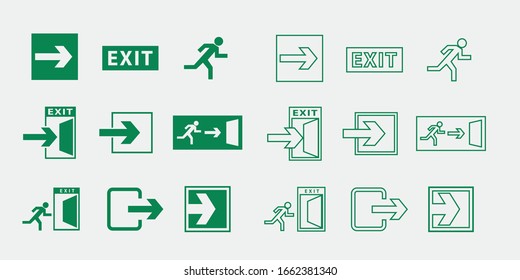 emergency exit vector icon set green symbols solid and outline icon sets