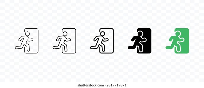 Emergency exit vector icon set showing running human silhouette escaping through open door for building safety guidelines and navigation in vector format.