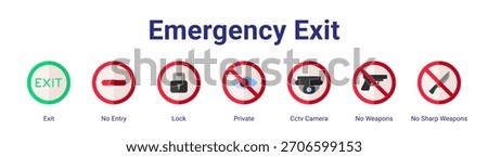 Emergency Exit web banner icon vector illustration concept featuring Exit,No Entry,Lock,Private,Cctv Camera,No Weapons and No Sharp Weapons in a collection set.
