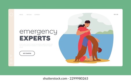 Emergency Experts Landing Page Template. Rescuer Female Character Provides Service For Drowning Man that Involves Skilled Personnel Trained In Water Safety And Response. Cartoon Vector Illustration