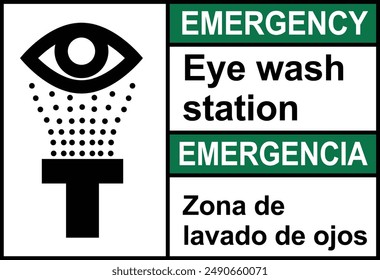 Señal de emergencia de la estación de lavado de ojos con símbolo. Señal de emergencia y etiquetas de lavado de ojos.