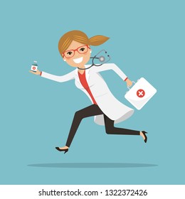 Emergency Female Doctor Running To Help With Medicines. Hospital Scene. Professional With Stethoscope And Briefcase