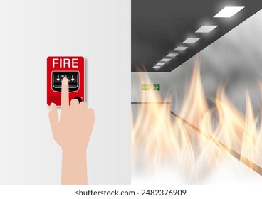 Emergency Fire Alarm on Wall. Hand Activate Fire Alarm. Vector Illustration. 