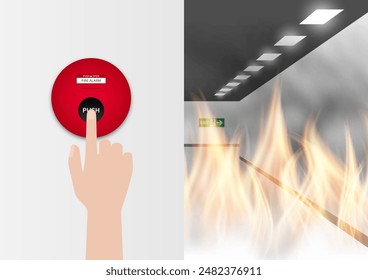 Alarma de emergencia contra incendios en la pared. Activad La Alarma De Incendios. Ilustración vectorial. 