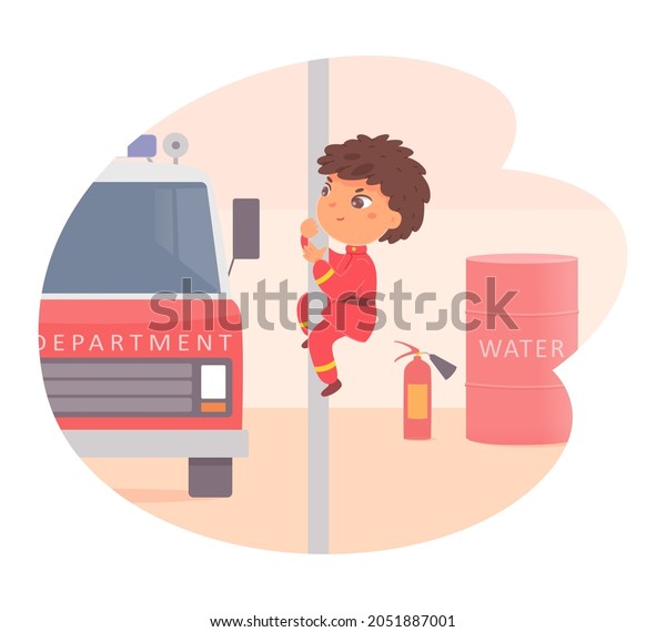 Emergency fire department vector illustration.\
Cartoon boy fireman on fire station pole, firefighter child\
character in hurry on rescue alarm to car firetruck, fire fighting\
children isolated on\
white