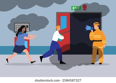 Emergency Fire Evacuation – People Escaping Smoke-Filled Building 2d flat vector illustrations