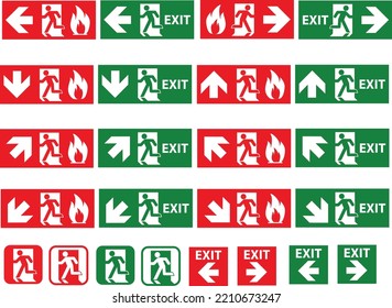 emergency fire exit door and exit door. fire exit sign. emergency exit icon. flat style.