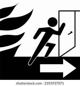 Señal de la puerta de salida de emergencia, Icono plano blanco y negro, Diseño vectorial de ilustración