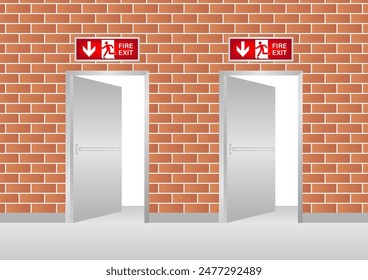 Puerta De Salida De Incendios De Emergencia. Puerta de salida. Letrero de salida de incendios sobre la puerta. Ilustración vectorial.