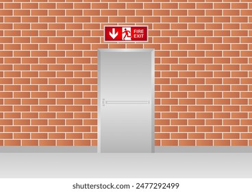Puerta De Salida De Incendios De Emergencia. Puerta de salida. Letrero de salida de incendios sobre la puerta. Ilustración vectorial.