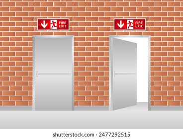 Emergency Fire Exit Door. Exit Door. Fire Exit Sign Over the Door. Vector Illustration.