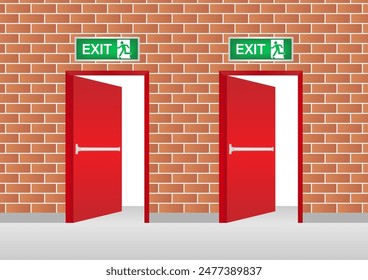 Emergency Fire Exit Door. Exit Door. Fire Exit Sign Over the Door. Vector Illustration.