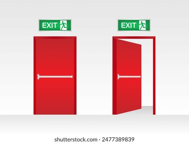 Emergency Fire Exit Door. Exit Door. Fire Exit Sign Over the Door. Vector Illustration.