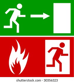 Emergency fire exit door and exit door, sign with human figure