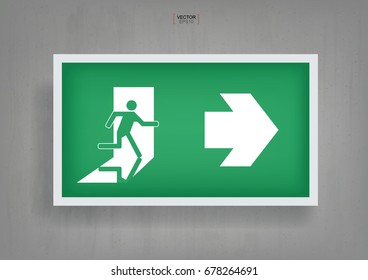 Emergency fire exit door symbol on gray concrete background. Vector illustration.