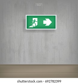 Emergency fire exit door symbol installed on gray concrete wall in room area space background. Vector illustration.