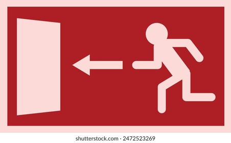Emergency fire exit Red sign directions. Man running out fire exit