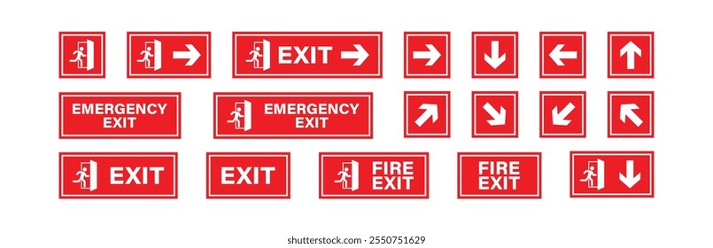 Emergency fire exit red sing with arrow icon. Escape door, icons of a running person. Isolated vector