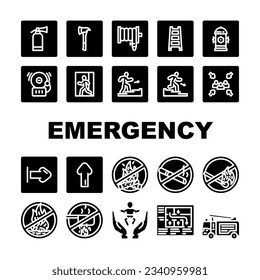 emergency fire exit safety escape icons set vector. building green, rescue red, evacuation signal, warning danger, equipment ladder risk emergency fire exit safety escape glyph pictogram Illustrations