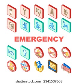 emergency fire exit safety escape icons set vector. building green, rescue red, evacuation signal, warning danger, equipment ladder risk emergency fire exit safety escape isometric sign illustrations