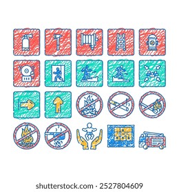 emergency fire exit safety escape doodle icons set vector. sketch line art building green, rescue red, evacuation signal, warning danger, equipment ladder risk emergency fire exit color illustrations
