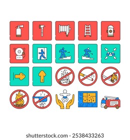 emergency fire exit safety escape icons set vector. building green, rescue red, evacuation signal, warning danger, equipment ladder risk emergency fire exit safety escape color Contour Illustrations