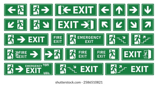 Emergency fire exit sign collection. Running man and exit door sign symbol green, white color. Escape help evacuation. Various exit signs icon isolated on white background. Vector illustration.