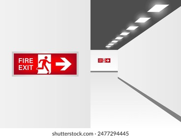 Emergency Fire Exit Sign in Corridor. Exit Sign. Fire Exit Sign. Vector Illustration.