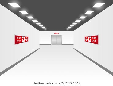 Emergency Fire Exit Sign in Corridor. Exit Sign. Fire Exit Sign. Vector Illustration.