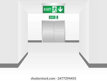 Emergency Fire Exit Sign in Corridor. Exit Sign. Fire Exit Sign. Vector Illustration.